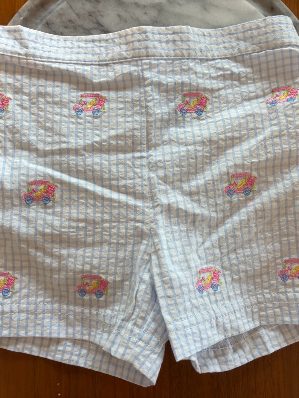 Kids Light Blue Seersucker Shorts with Pink Embroidered Golf Carts